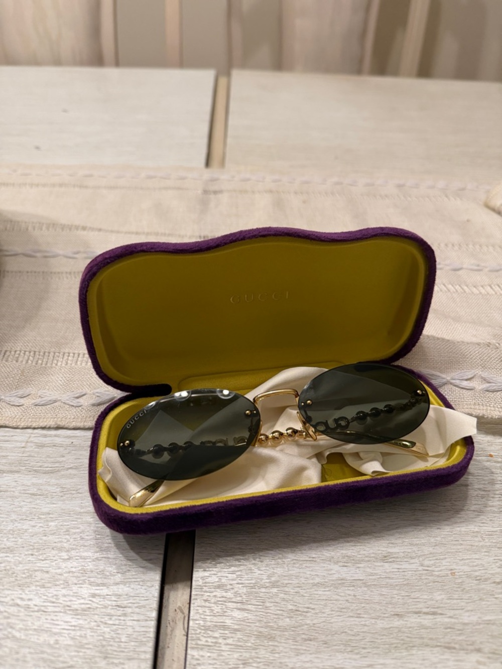 Gucci Gold-Trim Oval Sunglasses with Black Lenses